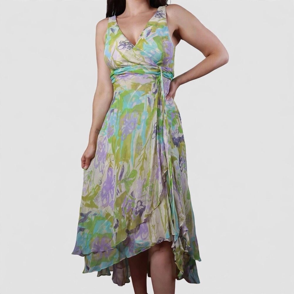 Vintage Anne Klein 100% Silk Watercolor Handkerchief Ruffle Midi Dress Womens 12